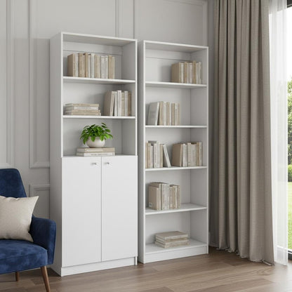 Set of Two White Wood Five Tier Modular Bookcase with Two Doors