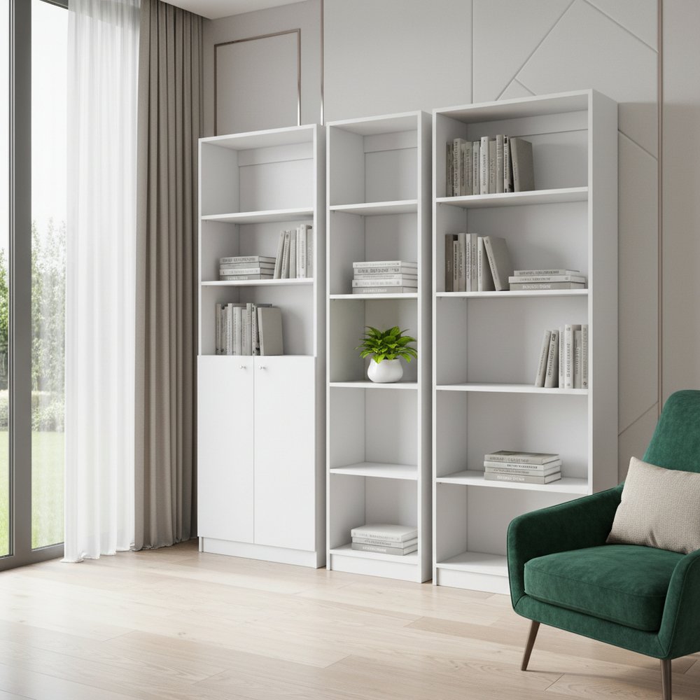 Set of Three White Wood Five Tier Modular Bookcase with Two Doors