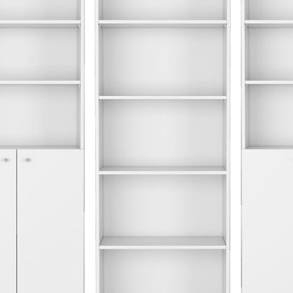 Set of Three White Wood Five Tier Modular Bookcase with Four Doors