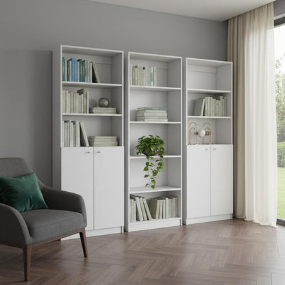 Set of Three White Wood Five Tier Modular Bookcase with Four Doors