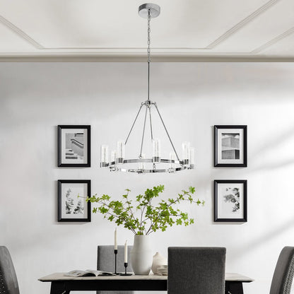 Silver And Clear Candle Style Eight Light Metal Dimmable Smart Enabled Chandelier With Clear Shades