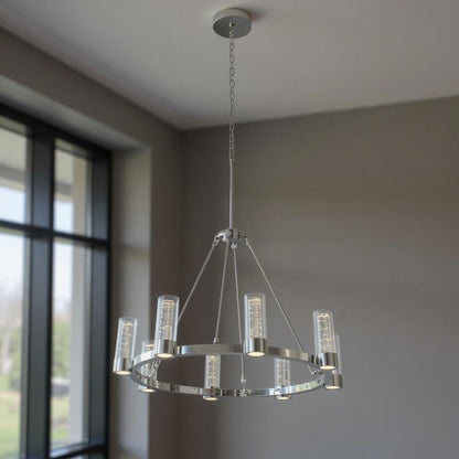Silver And Clear Candle Style Eight Light Metal Dimmable Smart Enabled Chandelier With Clear Shades