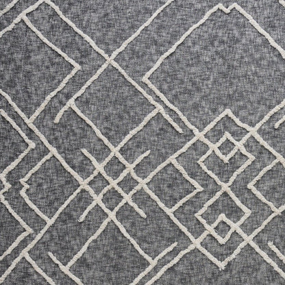 Charcoal and Off White Geometric King Cotton Coverlet With Fringe