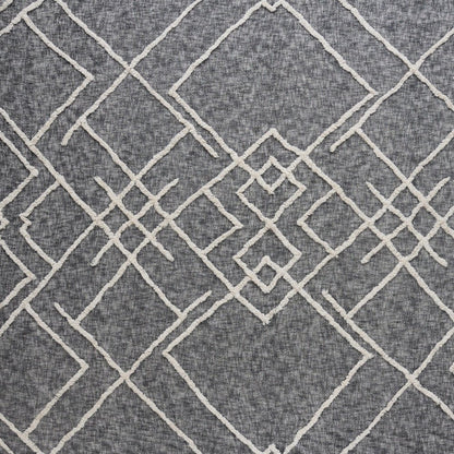 Charcoal and Off White Geometric King Cotton Coverlet With Fringe