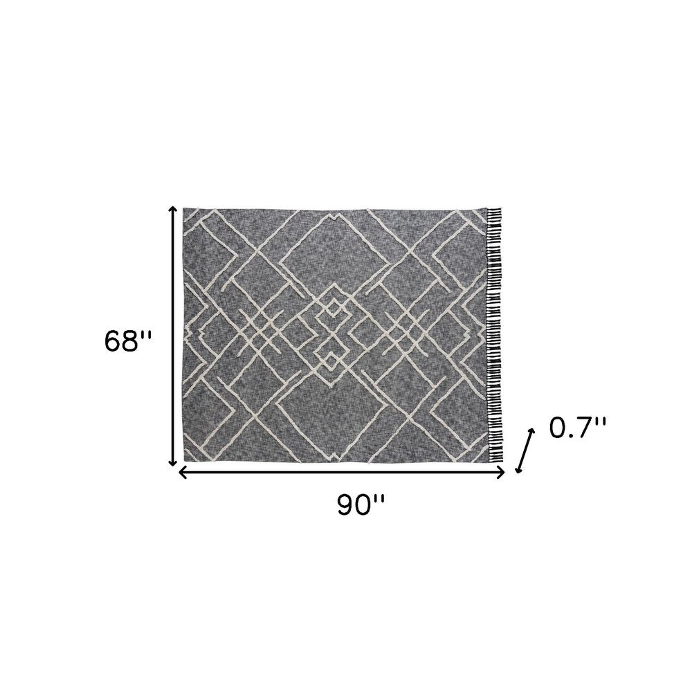 Charcoal and Off White Geometric King Cotton Coverlet With Fringe