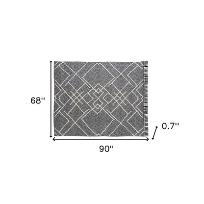 Charcoal and Off White Geometric King Cotton Coverlet With Fringe