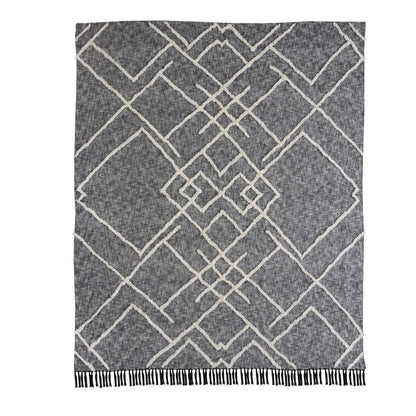 Charcoal and Off White Geometric King Cotton Coverlet With Fringe
