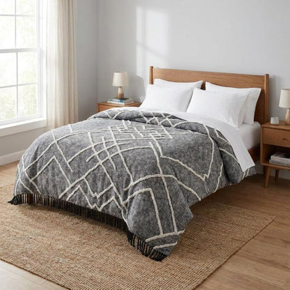 Charcoal and Off White Geometric King Cotton Coverlet With Fringe