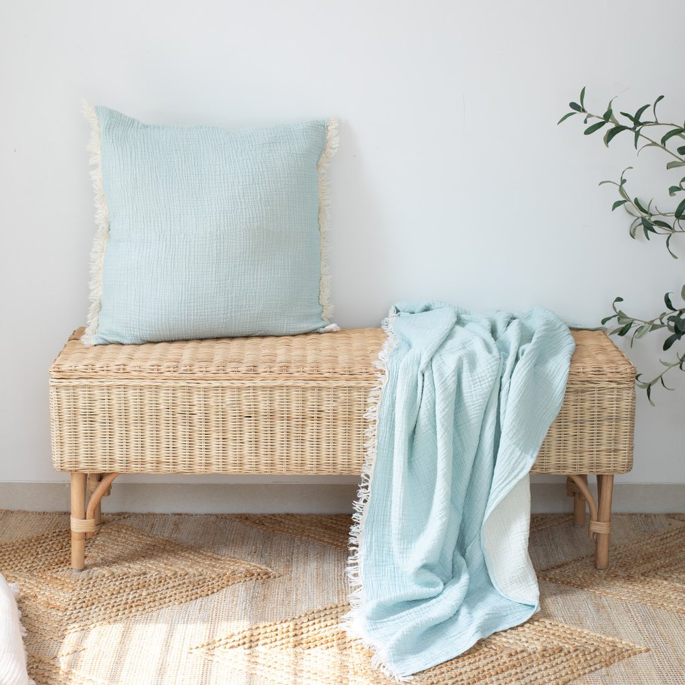 47" X 60" Aqua Cotton Woven Turkish Towel Throw Blanket with Fringe