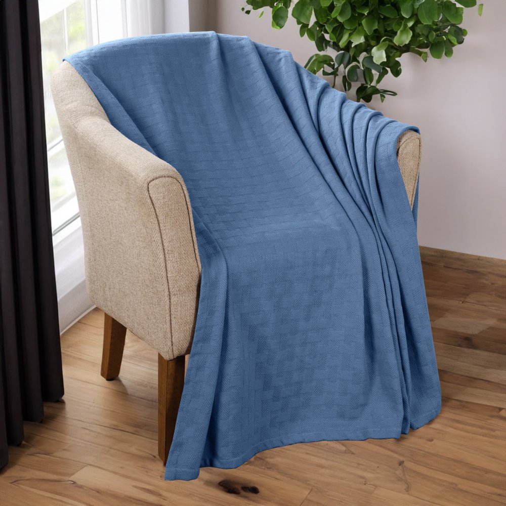 Queen Denim Blue Cotton Cable Knit Blanket