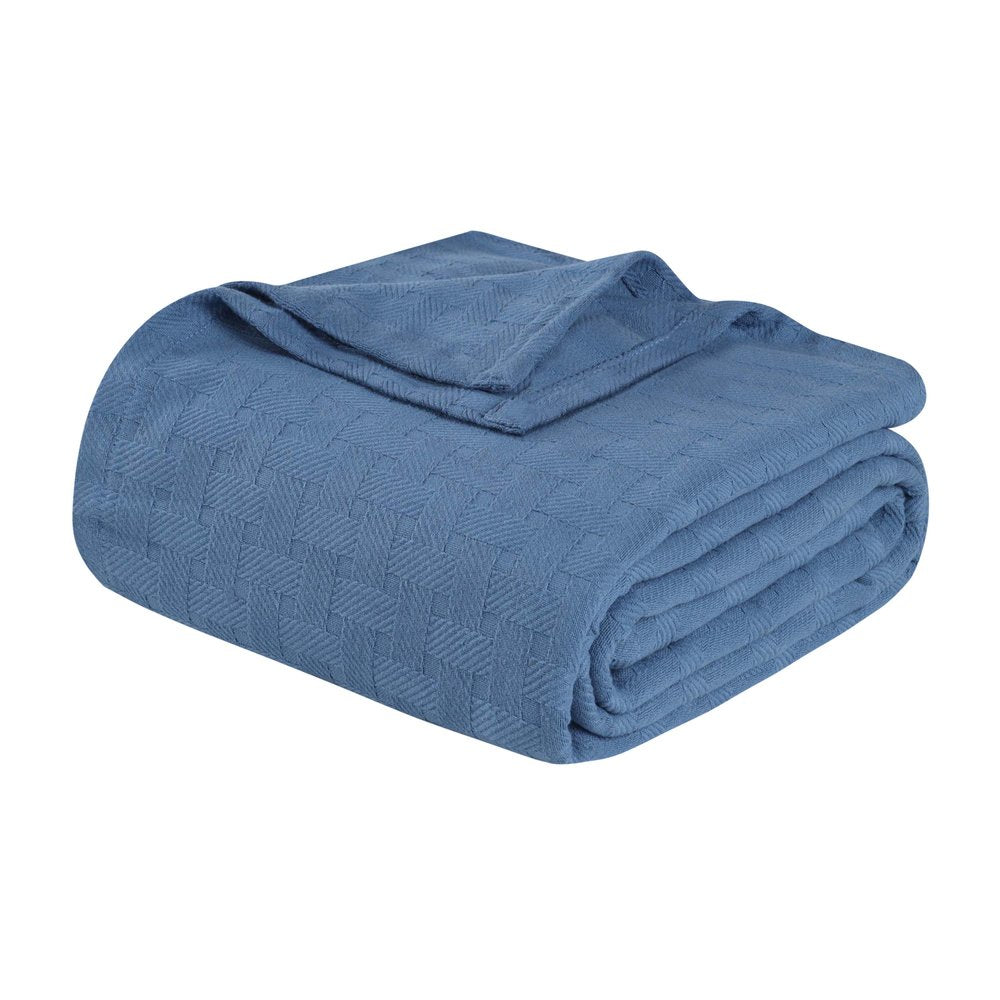 Queen Denim Blue Cotton Cable Knit Blanket