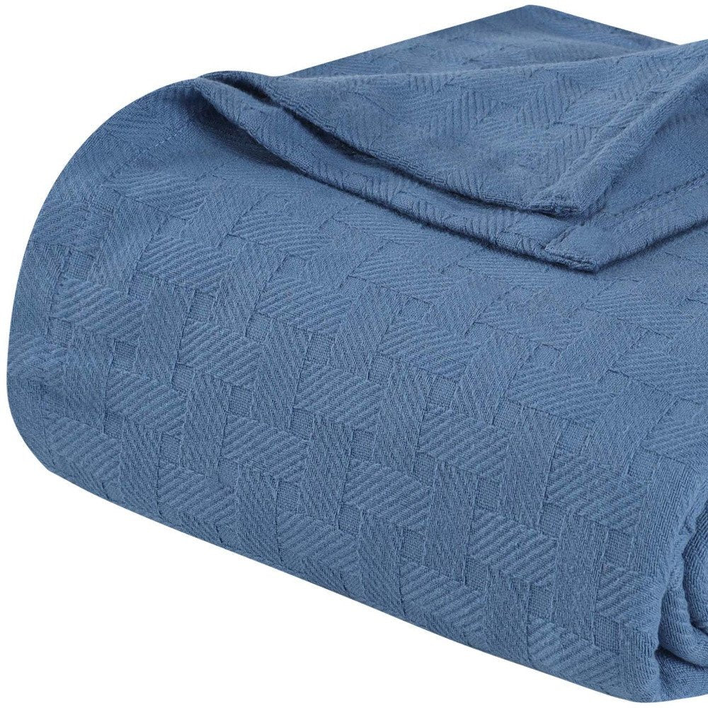 Queen Denim Blue Cotton Cable Knit Blanket