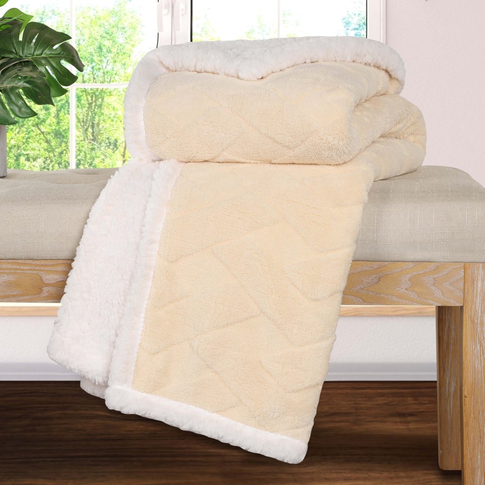 Queen Cream Geometric Fleece Woven Plush Blanket