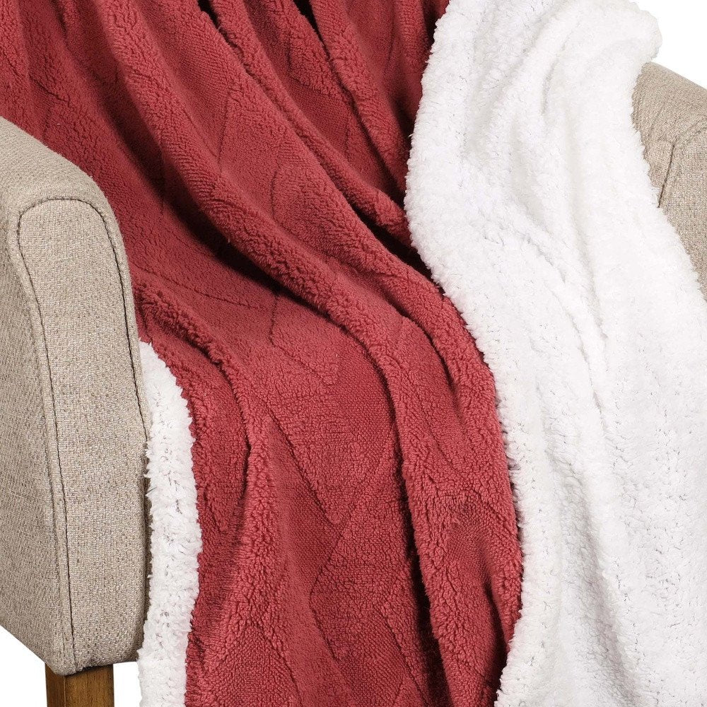 Queen Red And Orange Geometric Fleece Woven Plush Blanket
