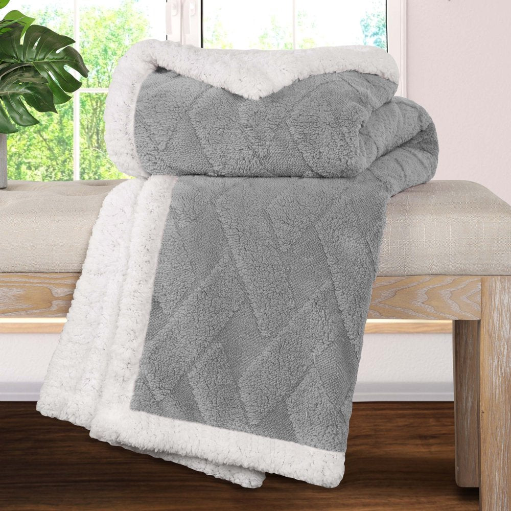 Queen Platinum Geometric Fleece Woven Plush Blanket
