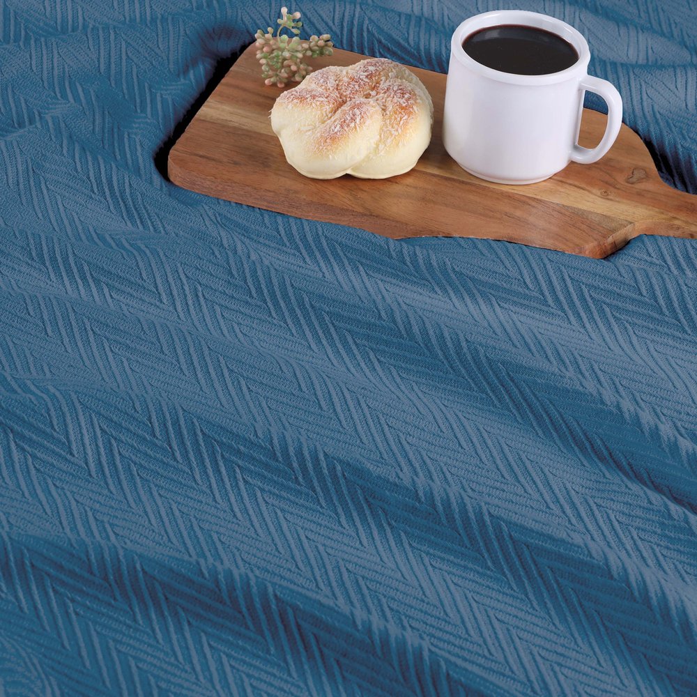 Queen Denim Blue Cotton Waffle Weave Blanket