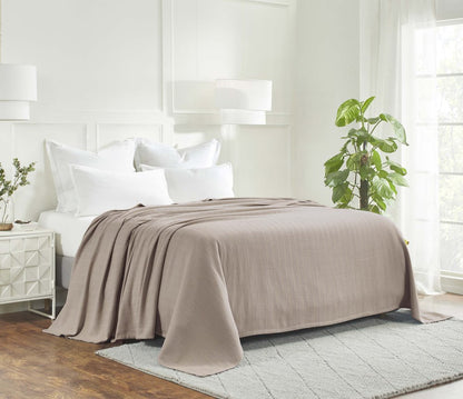 Queen Khaki Cotton Waffle Weave Blanket