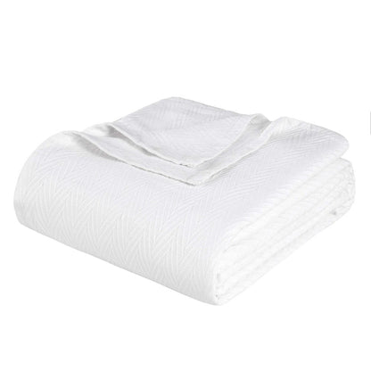 Queen White Cotton Woven Chevron Blanket