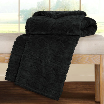 Queen Black Geometric Fleece Woven Plush Blanket