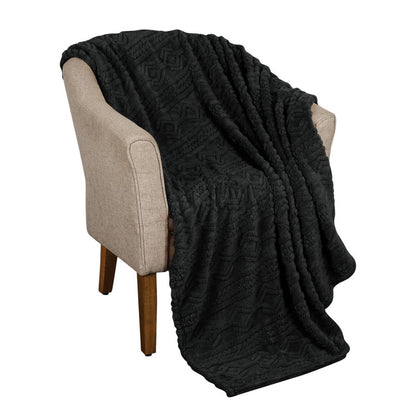 Queen Black Geometric Fleece Woven Plush Blanket