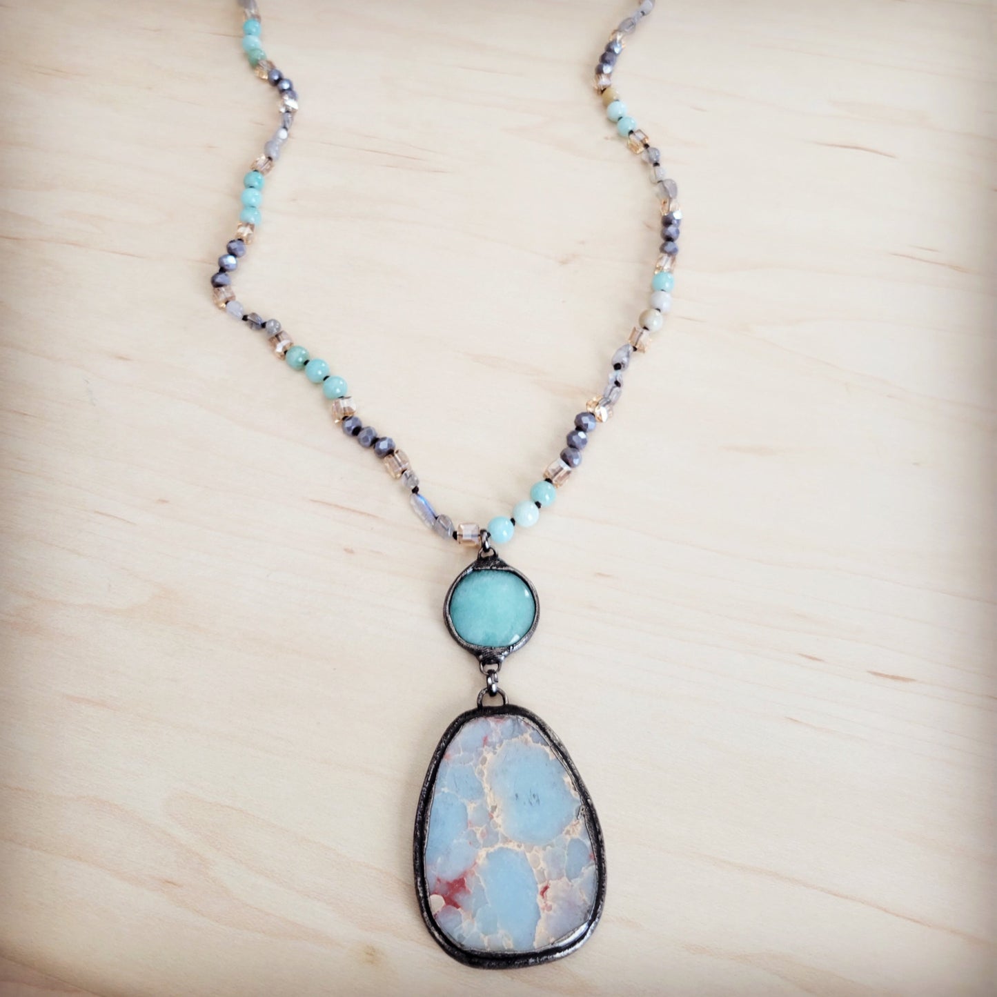**Amazonite & Crystal Long Beaded Necklace w/ Large Jasper Pendant 262q