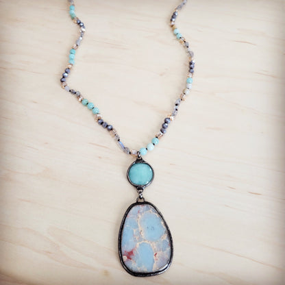 **Amazonite & Crystal Long Beaded Necklace w/ Large Jasper Pendant 262q