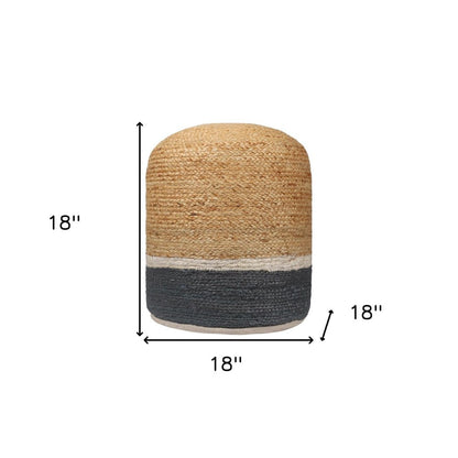 18" Natural And Gray Jute Blend Cylinder Striped Pouf Ottoman