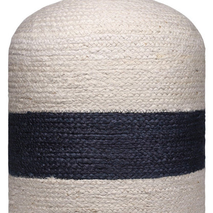 18" Off White and Navy Blue Jute Blend Striped Cylinder Pouf Ottoman