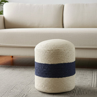 18" Off White and Navy Blue Jute Blend Striped Cylinder Pouf Ottoman