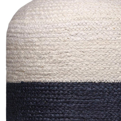 18" Off White and Navy Blue Jute Blend Striped Cylinder Pouf Ottoman