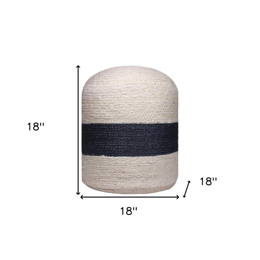 18" Off White and Navy Blue Jute Blend Striped Cylinder Pouf Ottoman