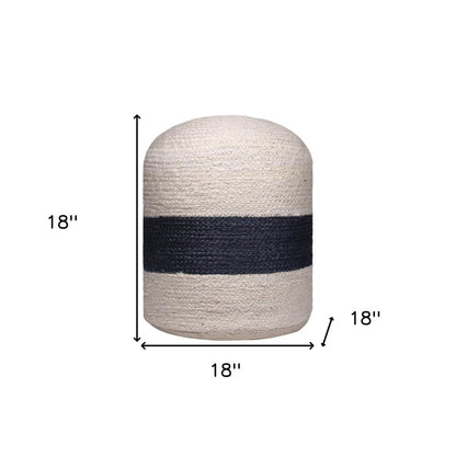 18" Off White and Navy Blue Jute Blend Striped Cylinder Pouf Ottoman