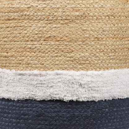 18" Natural And Navy Blue Jute Blend Cylinder Striped Pouf Ottoman
