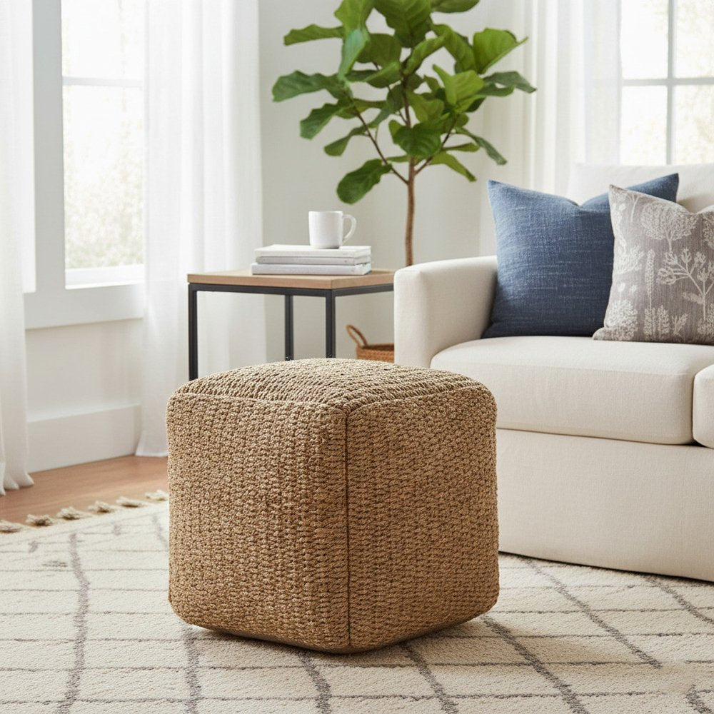 18" Natural Jute Woven Blend Cube Pouf Ottoman