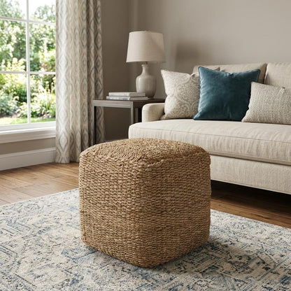 18" Natural Jute Woven Blend Cube Pouf Ottoman