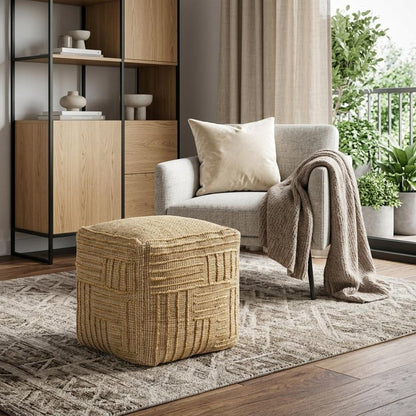 18" Natural Jute Blend Cube Striped Pouf Ottoman
