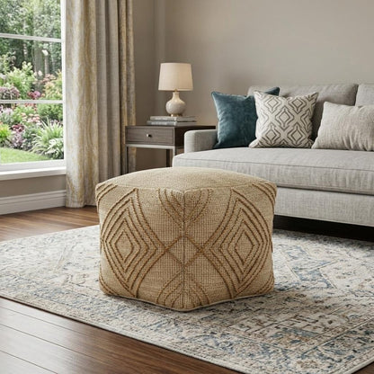 18" Natural Jute Blend Geometric Cube Pouf Ottoman