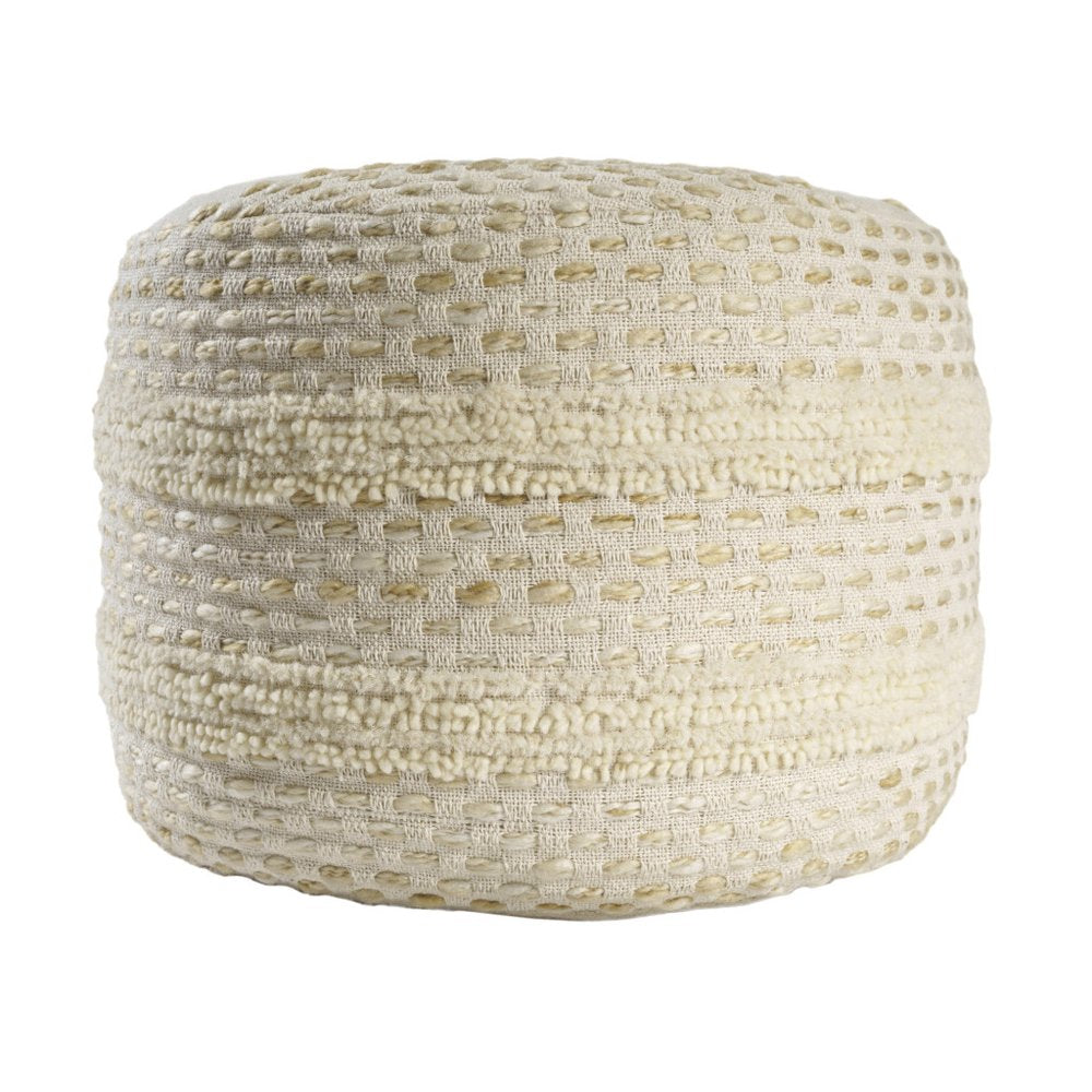 18" Ivory And Blue Cotton Blend Round Striped Pouf Ottoman