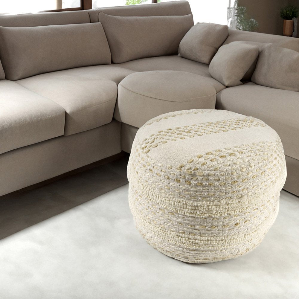 18" Ivory And Blue Cotton Blend Round Striped Pouf Ottoman
