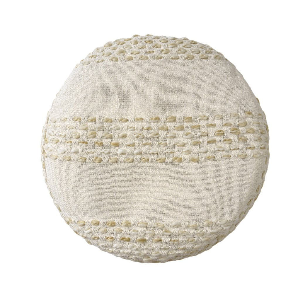 18" Ivory And Blue Cotton Blend Round Striped Pouf Ottoman