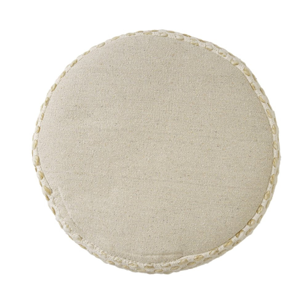 18" Ivory And Blue Cotton Blend Round Striped Pouf Ottoman
