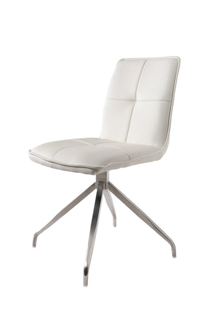 Set of Two White and Silver Faux Leather Swivel Dining Side Chairs