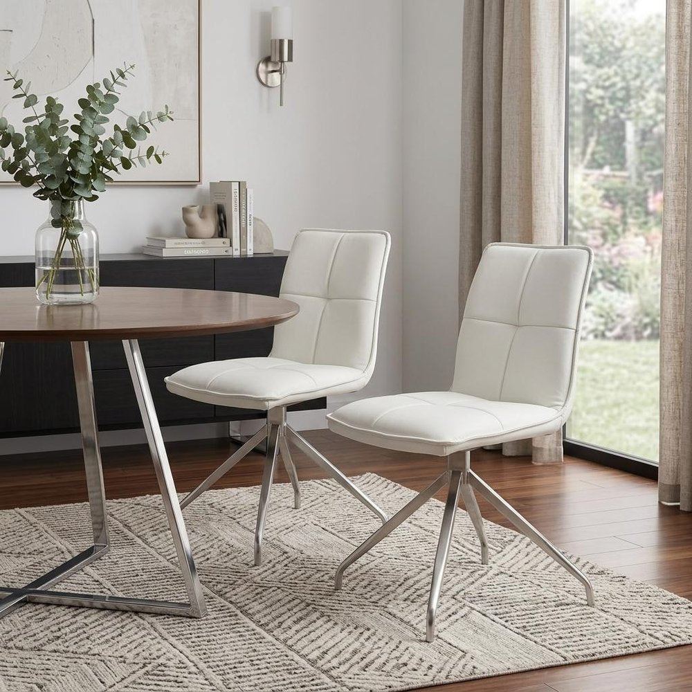 Set of Two White and Silver Faux Leather Swivel Dining Side Chairs