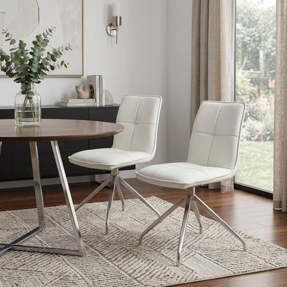 Set of Two White and Silver Faux Leather Swivel Dining Side Chairs
