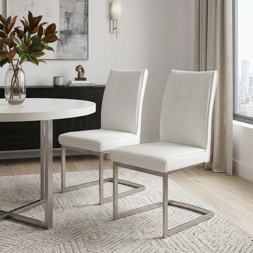 Set of Two White and Silver Faux Leather Dining Side Chairs