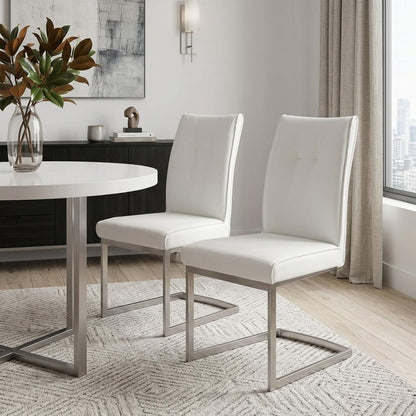 Set of Two White and Silver Faux Leather Dining Side Chairs
