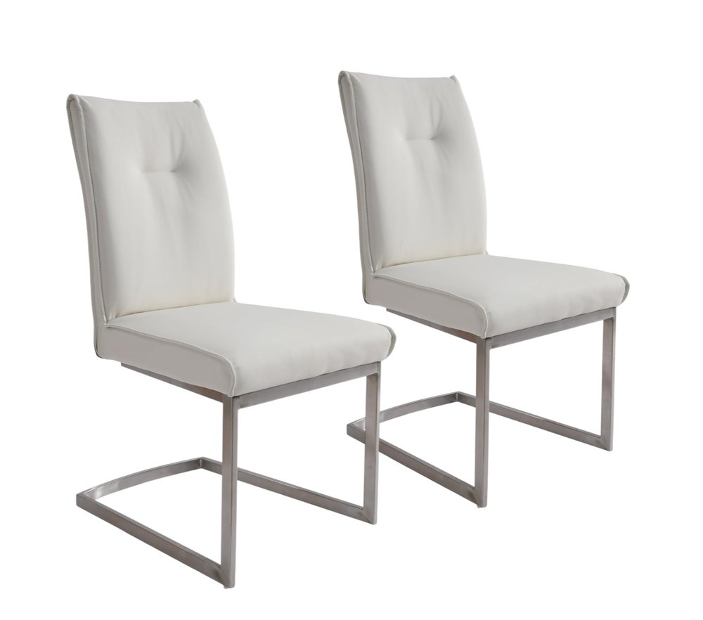 Set of Two White and Silver Faux Leather Dining Side Chairs