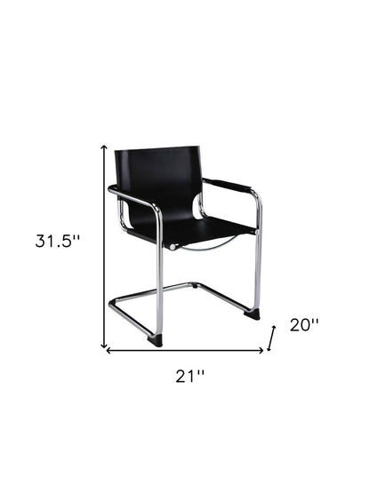 Set of Two Black and Silver Metal and Leather Dining Arm Chairs