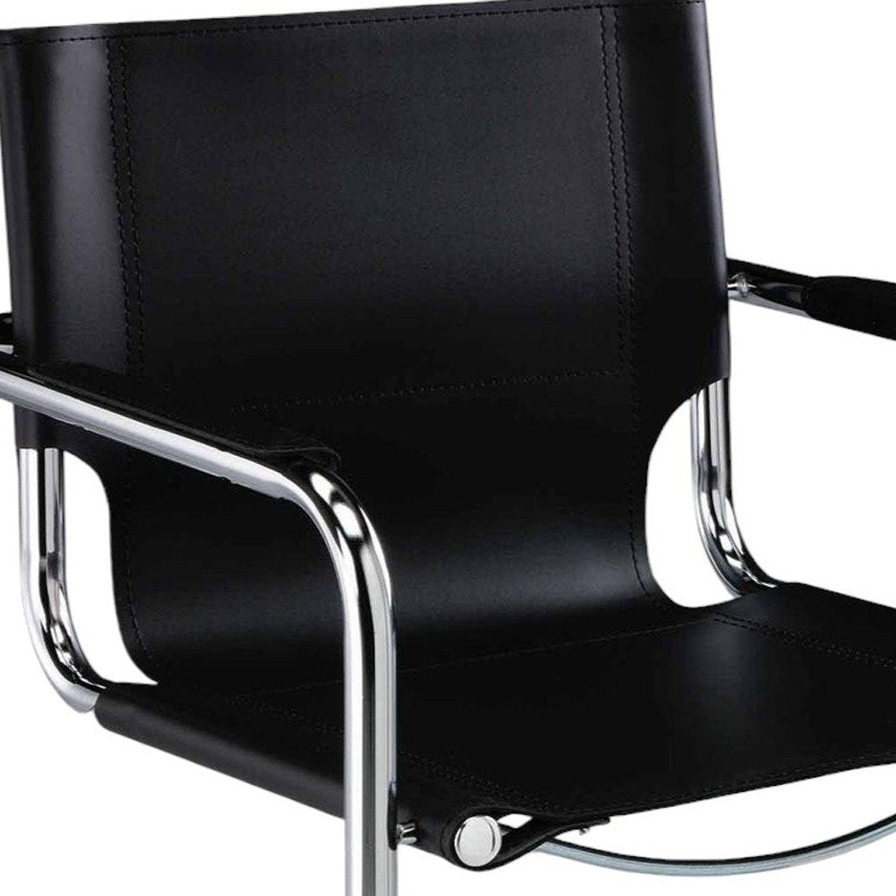 Set of Two Black and Silver Metal and Leather Dining Arm Chairs