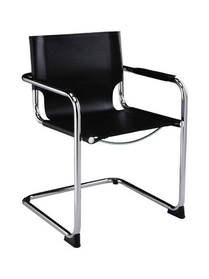 Set of Two Black and Silver Metal and Leather Dining Arm Chairs